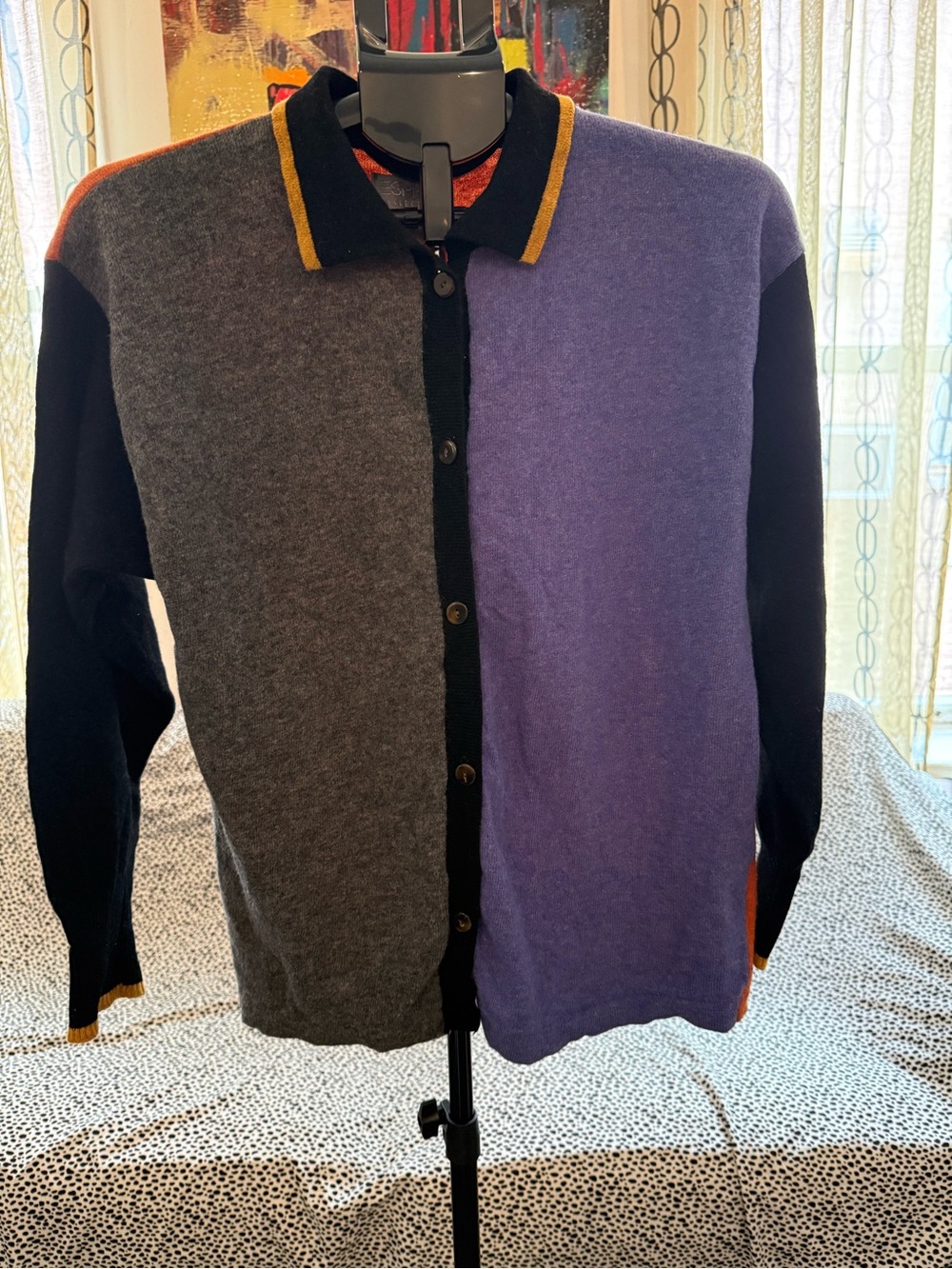 Esprit Colorblock Button-Up Knit Sweater in Purple, Gray & Black with Gold Trim